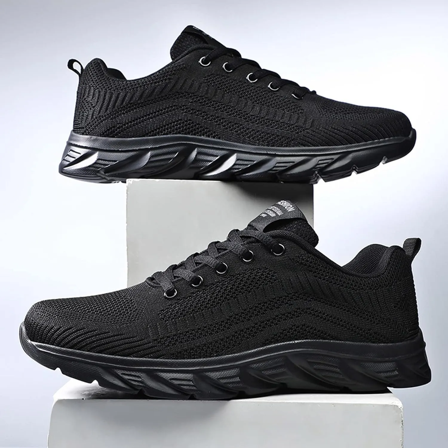 Mens Running Shoes Knit Breathable Fahion Sneakers Lace Up Black Platform for Food Service Non-Slip Casual Trainers Comfortable Lightweight Walking Shoes