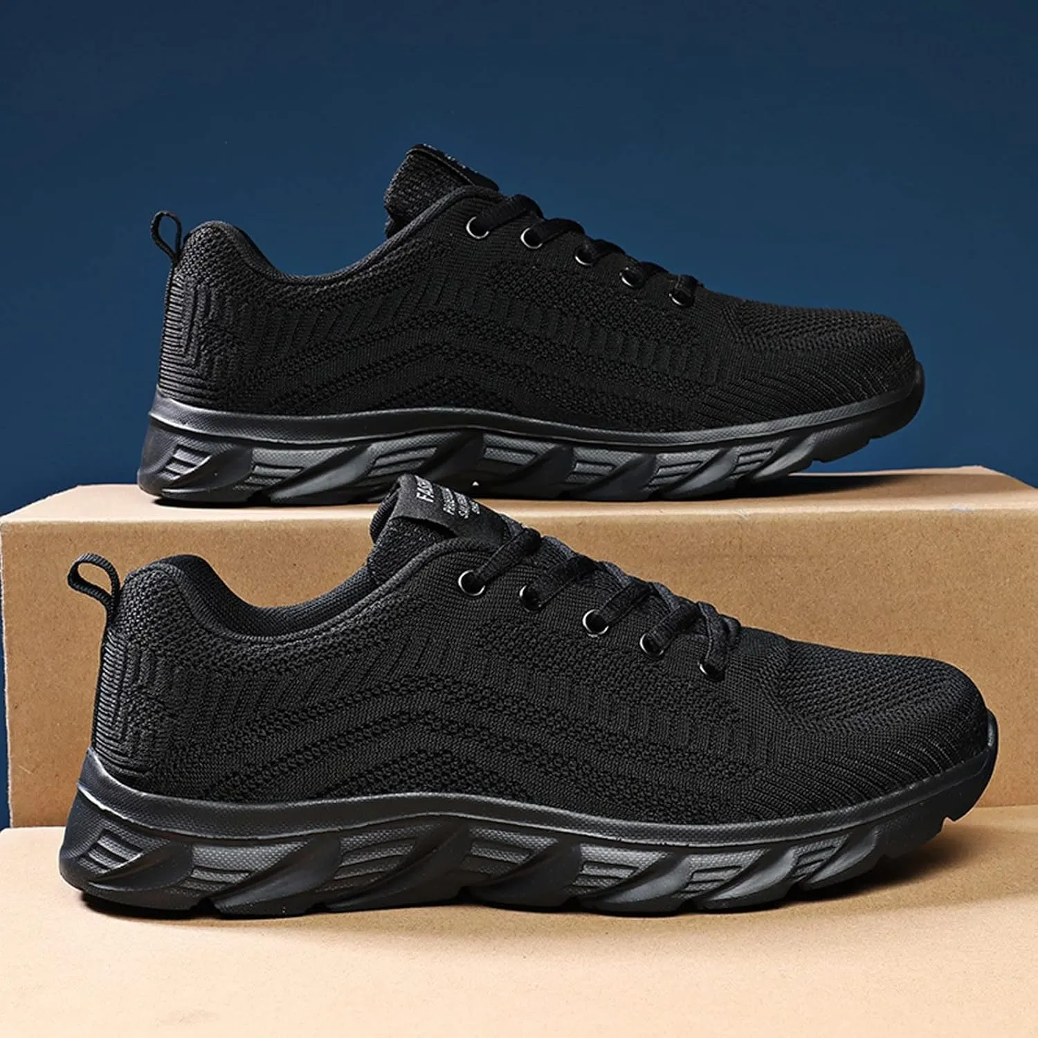Mens Running Shoes Knit Breathable Fahion Sneakers Lace Up Black Platform for Food Service Non-Slip Casual Trainers Comfortable Lightweight Walking Shoes