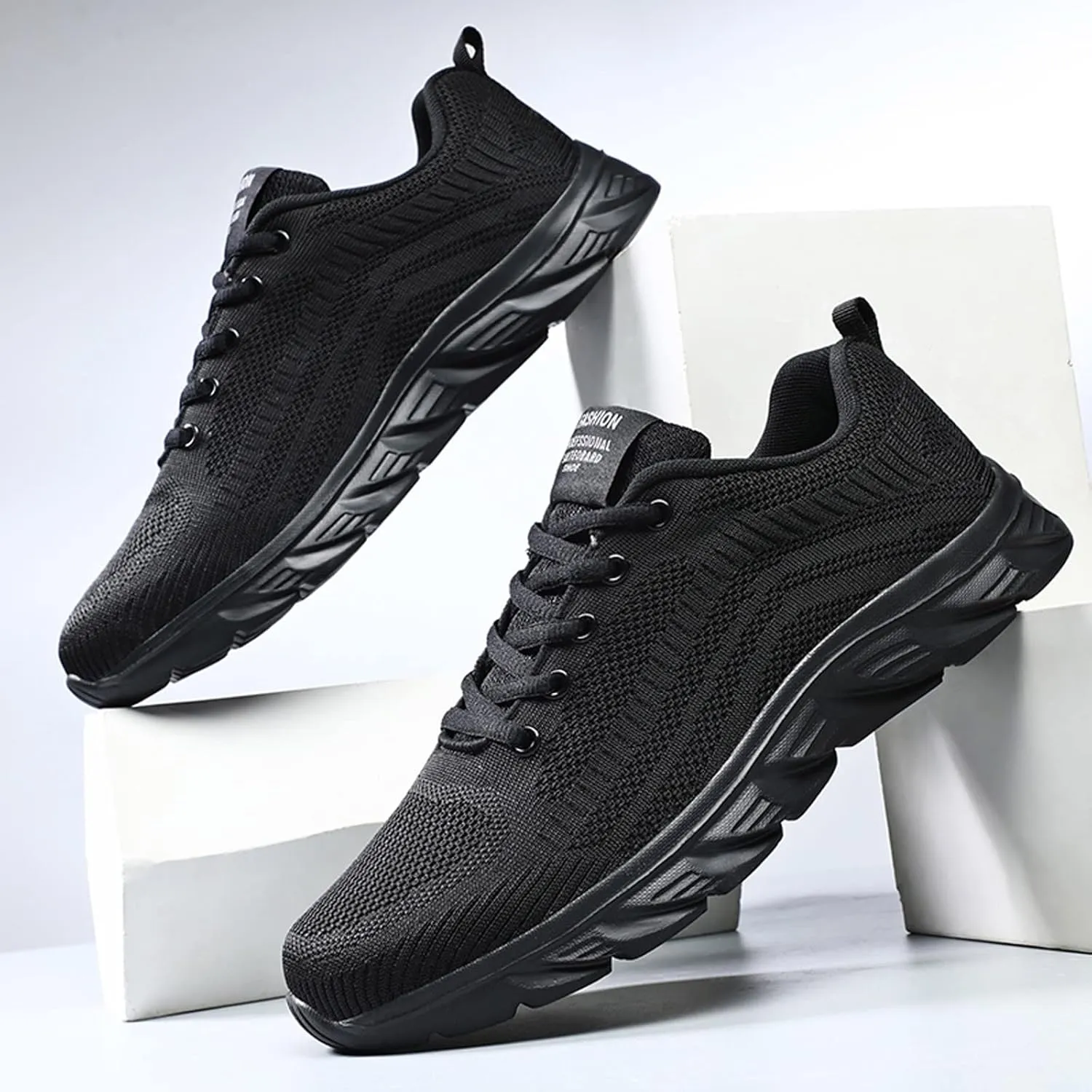Mens Running Shoes Knit Breathable Fahion Sneakers Lace Up Black Platform for Food Service Non-Slip Casual Trainers Comfortable Lightweight Walking Shoes