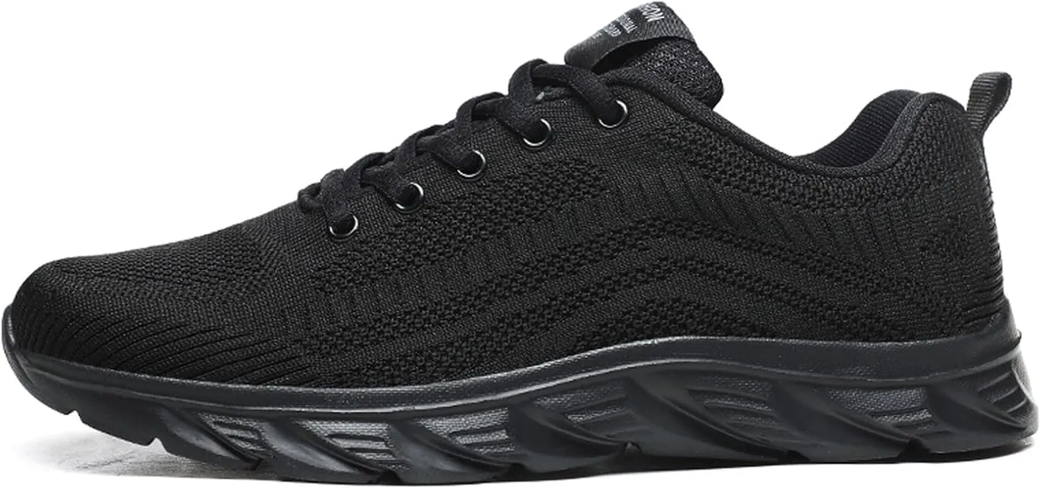 Mens Running Shoes Knit Breathable Fahion Sneakers Lace Up Black Platform for Food Service Non-Slip Casual Trainers Comfortable Lightweight Walking Shoes