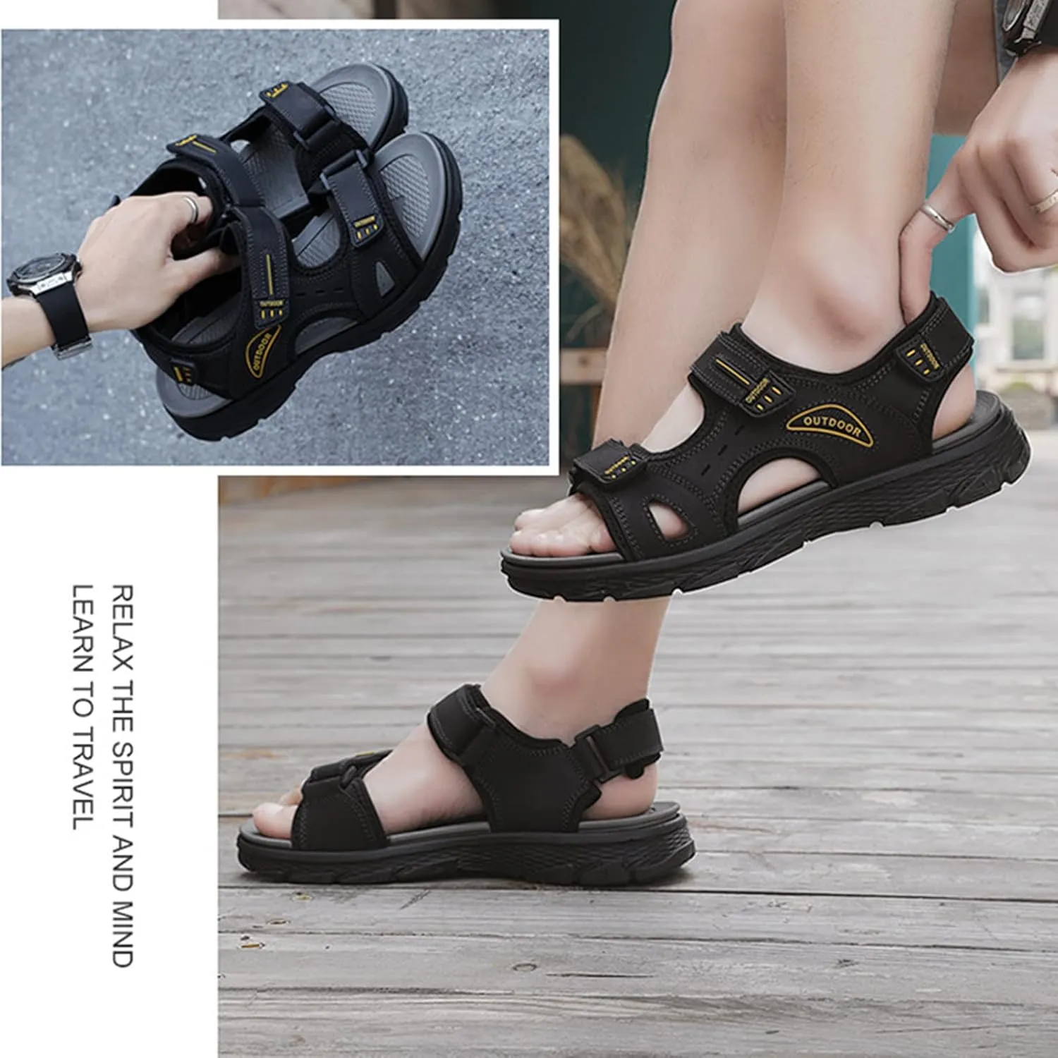 Men's Sandals Leather Open Toe Beach Sandal, Men's Sport Outdoor Hiking Sandals, Lightweight Trail Walking Casual Sandals Water Shoes