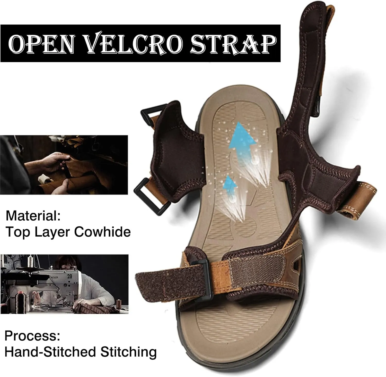 Men's Sandals Leather Open Toe Beach Sandal, Men's Sport Outdoor Hiking Sandals, Lightweight Trail Walking Casual Sandals Water Shoes