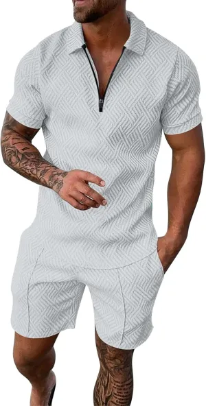 Men's Short Sets 2 Piece Beach Vacation Outfits Casual Summer Beach Jogging Track Suits Matching Polo Shirt and Shorts Sets