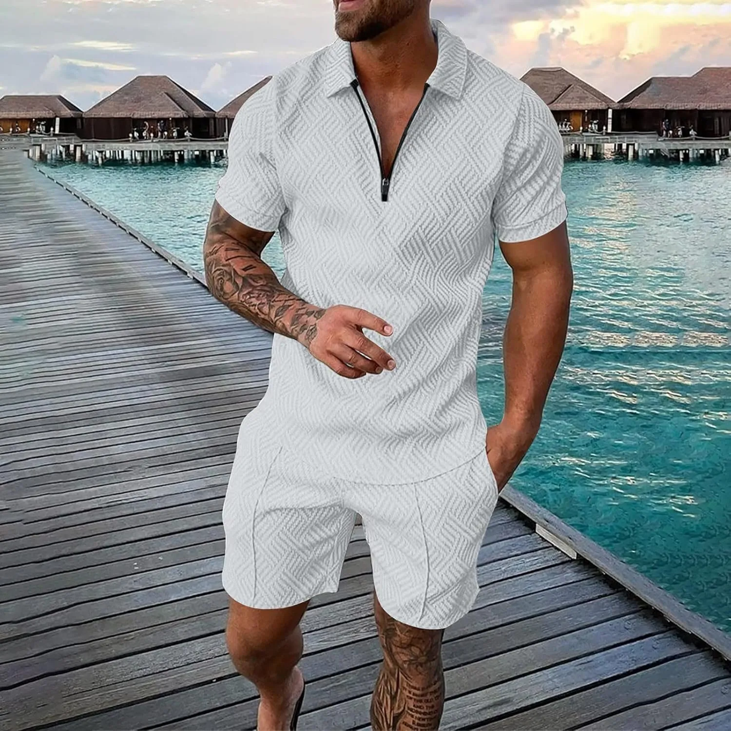 Men's Short Sets 2 Piece Beach Vacation Outfits Casual Summer Beach Jogging Track Suits Matching Polo Shirt and Shorts Sets