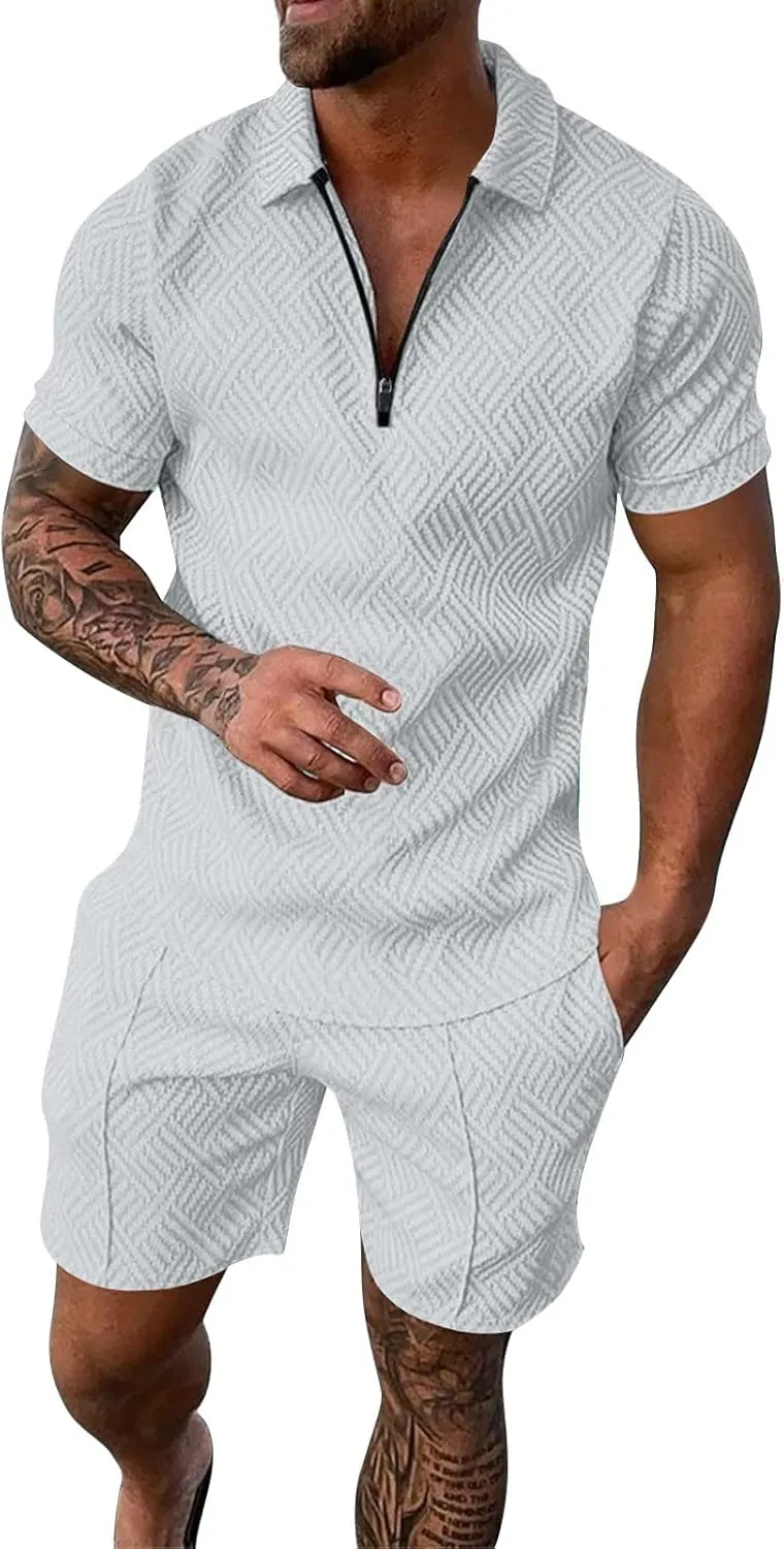 Men's Short Sets 2 Piece Beach Vacation Outfits Casual Summer Beach Jogging Track Suits Matching Polo Shirt and Shorts Sets