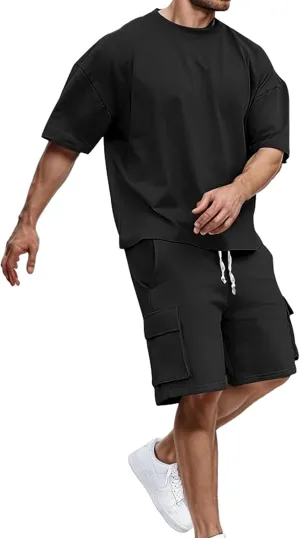 Mens Short Sets 2 Piece Outfits - Casual Summer Short Sleeve Comfy Breathable Sweatsuits Sets for Men with Cargo Pocket