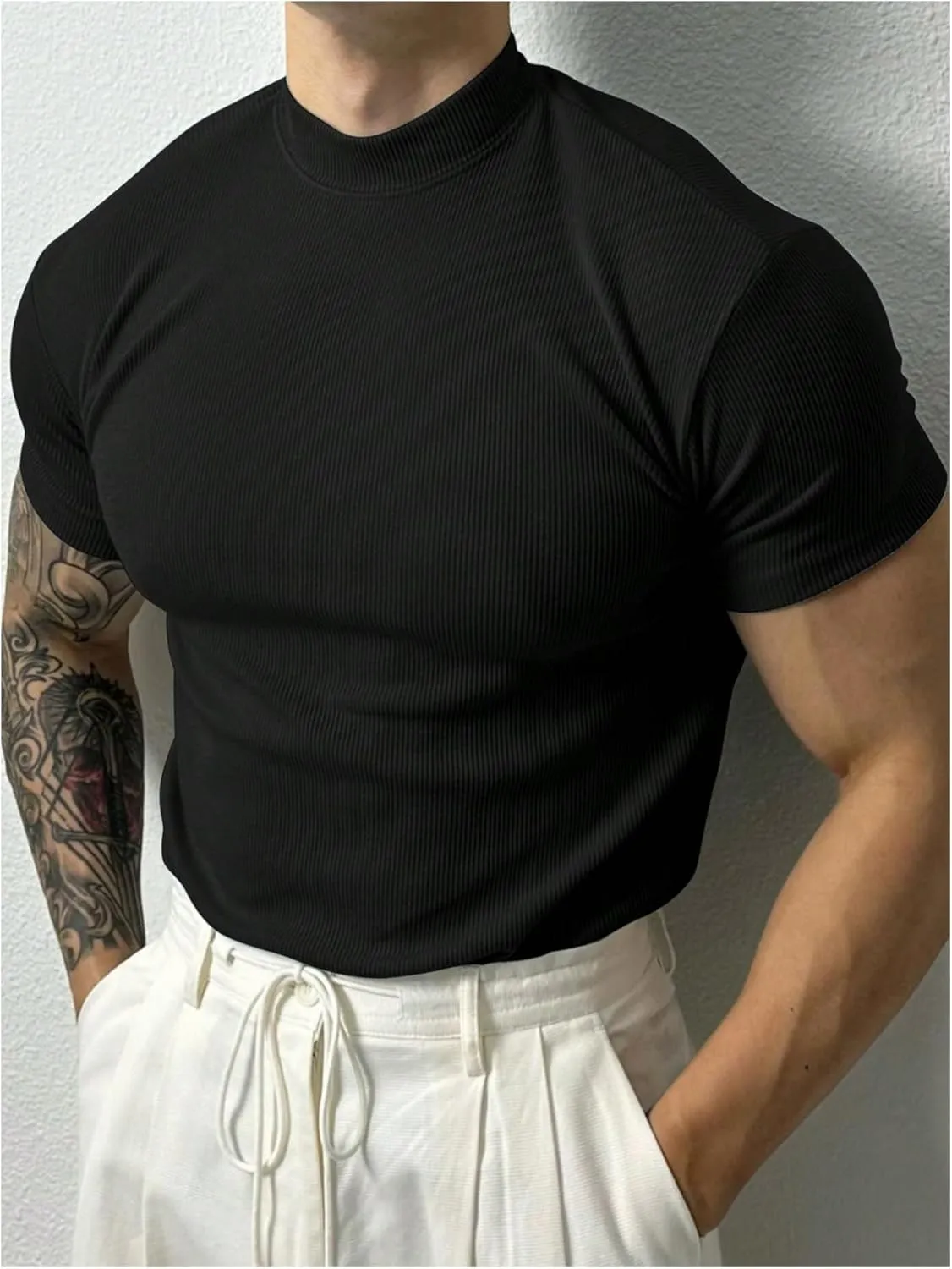 Men's Short Sleeve Basic Workout T-Shirt Quick Dry Ribbed Athletic Tee Tops Activewear