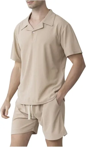 Mens Summer Track Suits 2 Piece Shorts Sets Trendy Solid Comfy Vacation Outfits Mens Lounge Clothing Sets with Pocket