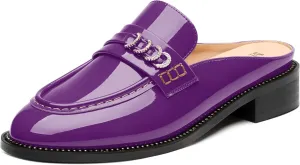 MODENCOCO Mules for Women Low Chunky Heel Slide Mules Closed Round Toe Flats Slip-on Comfort Backless Loafers Mules Patent Fashion Dress Shoes