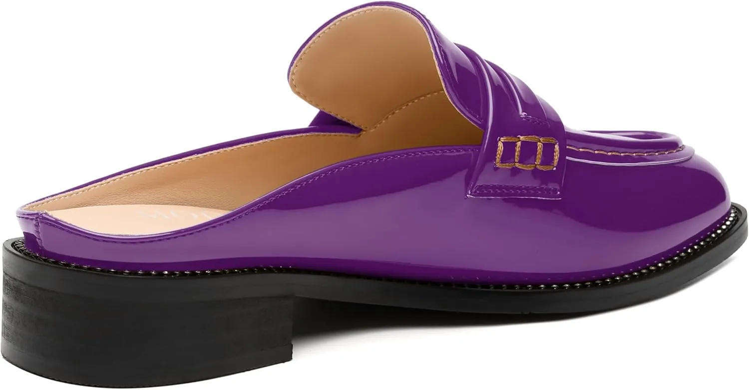 MODENCOCO Mules for Women Low Chunky Heel Slide Mules Closed Round Toe Flats Slip-on Comfort Backless Loafers Mules Patent Fashion Dress Shoes