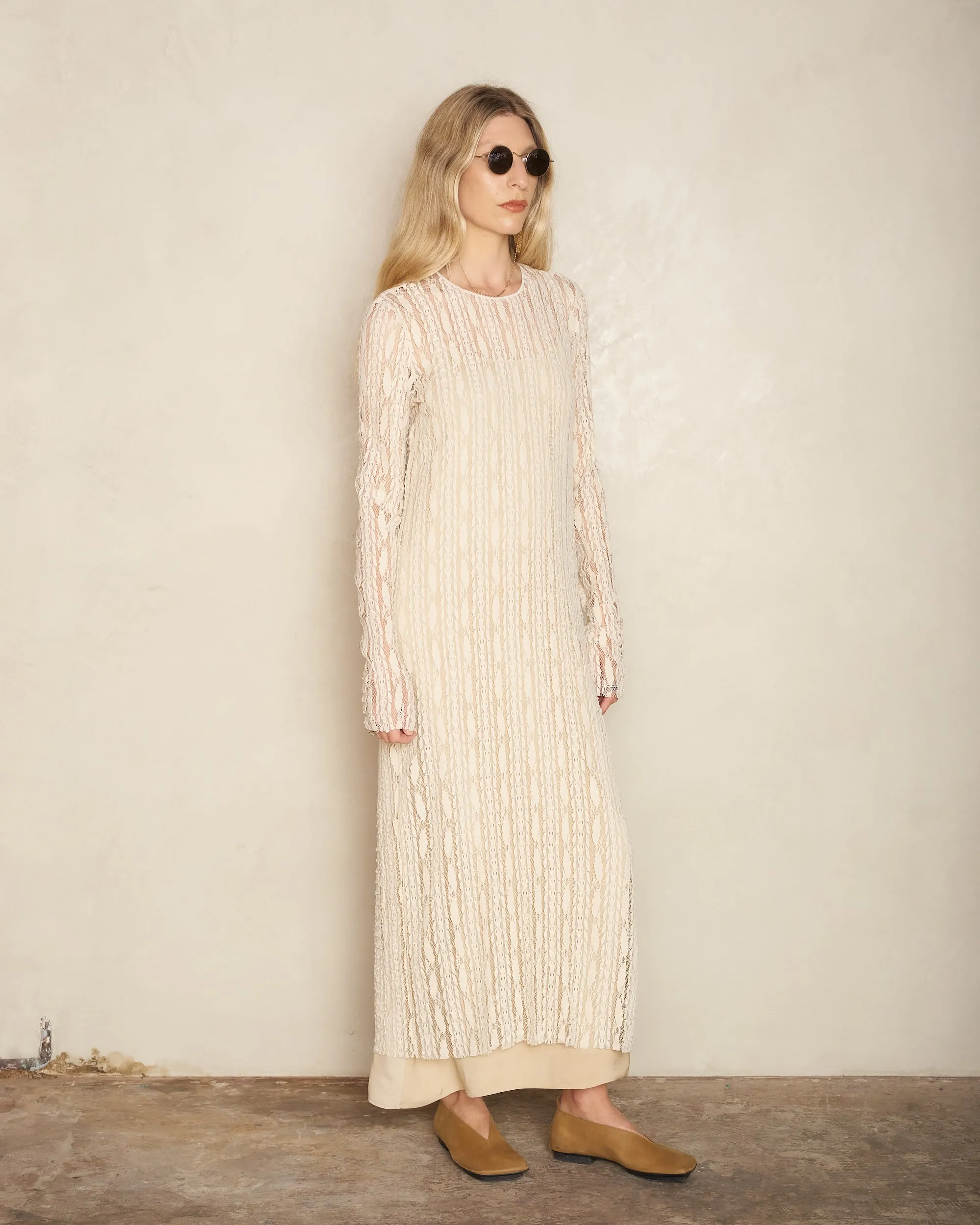Off White Lace Long Sleeve Dress