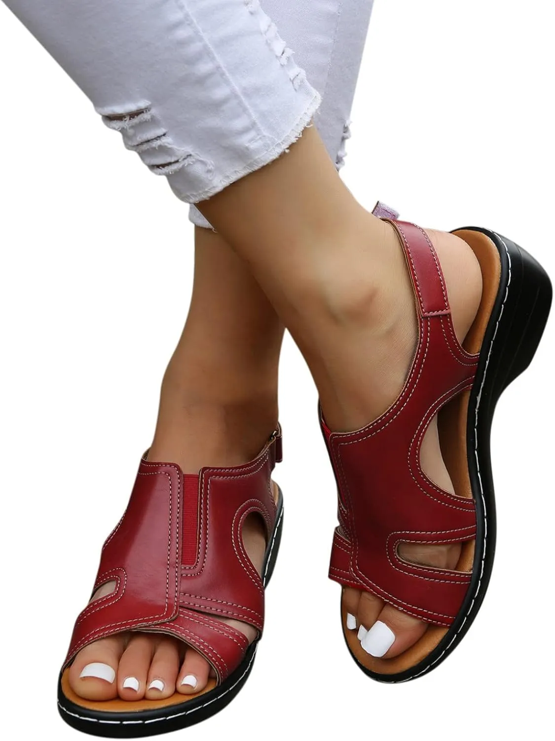 oiangi Wedge Sandals for Women Casual Summer Fish Mouth Open Toe Quilted Hook and Loop Hollow Slipper Lightweight Comfortable Outdoor Ladies Shoes