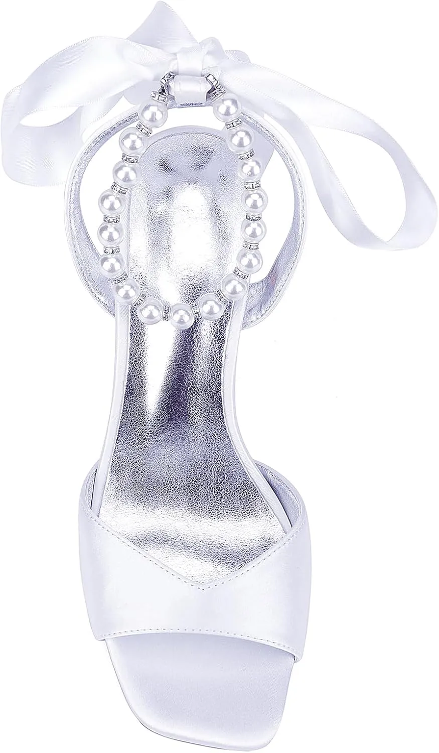 Open Toe Wedding Heels Bridal Pearl Beaded Sandals Ankle Buckle Strap Slip-On 8CM Shoe Bowknot Satin Comfy Party Dress Pumps Bridesmaids