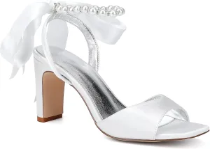 Open Toe Wedding Heels Bridal Pearl Beaded Sandals Ankle Buckle Strap Slip-On 8CM Shoe Bowknot Satin Comfy Party Dress Pumps Bridesmaids