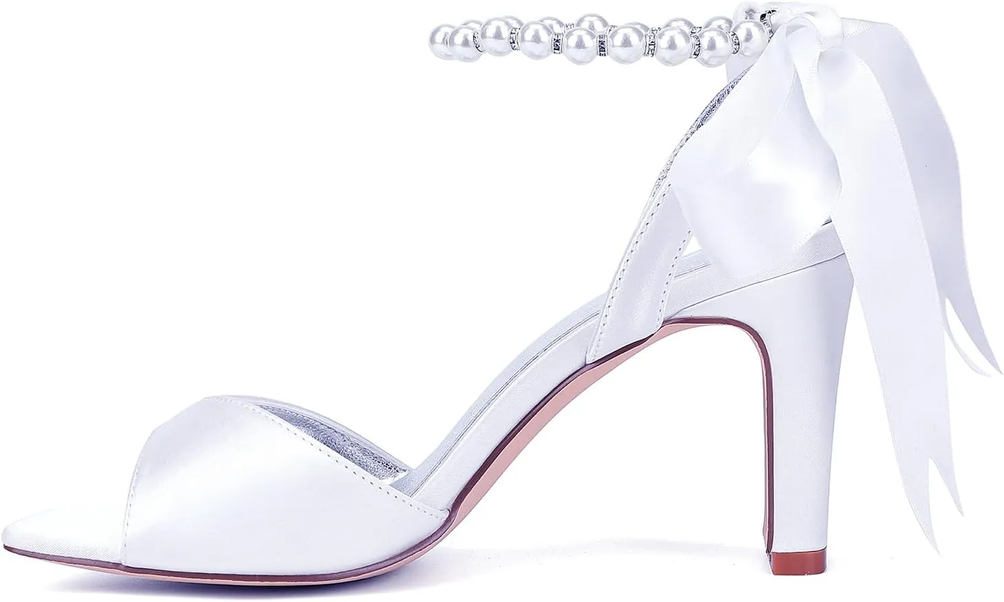 Open Toe Wedding Heels Bridal Pearl Beaded Sandals Ankle Buckle Strap Slip-On 8CM Shoe Bowknot Satin Comfy Party Dress Pumps Bridesmaids