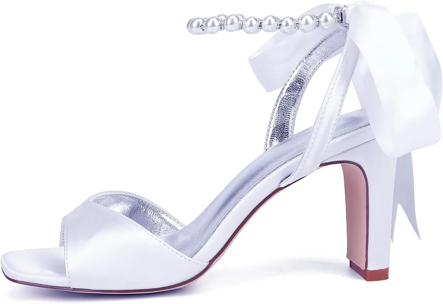 Open Toe Wedding Heels Bridal Pearl Beaded Sandals Ankle Buckle Strap Slip-On 8CM Shoe Bowknot Satin Comfy Party Dress Pumps Bridesmaids