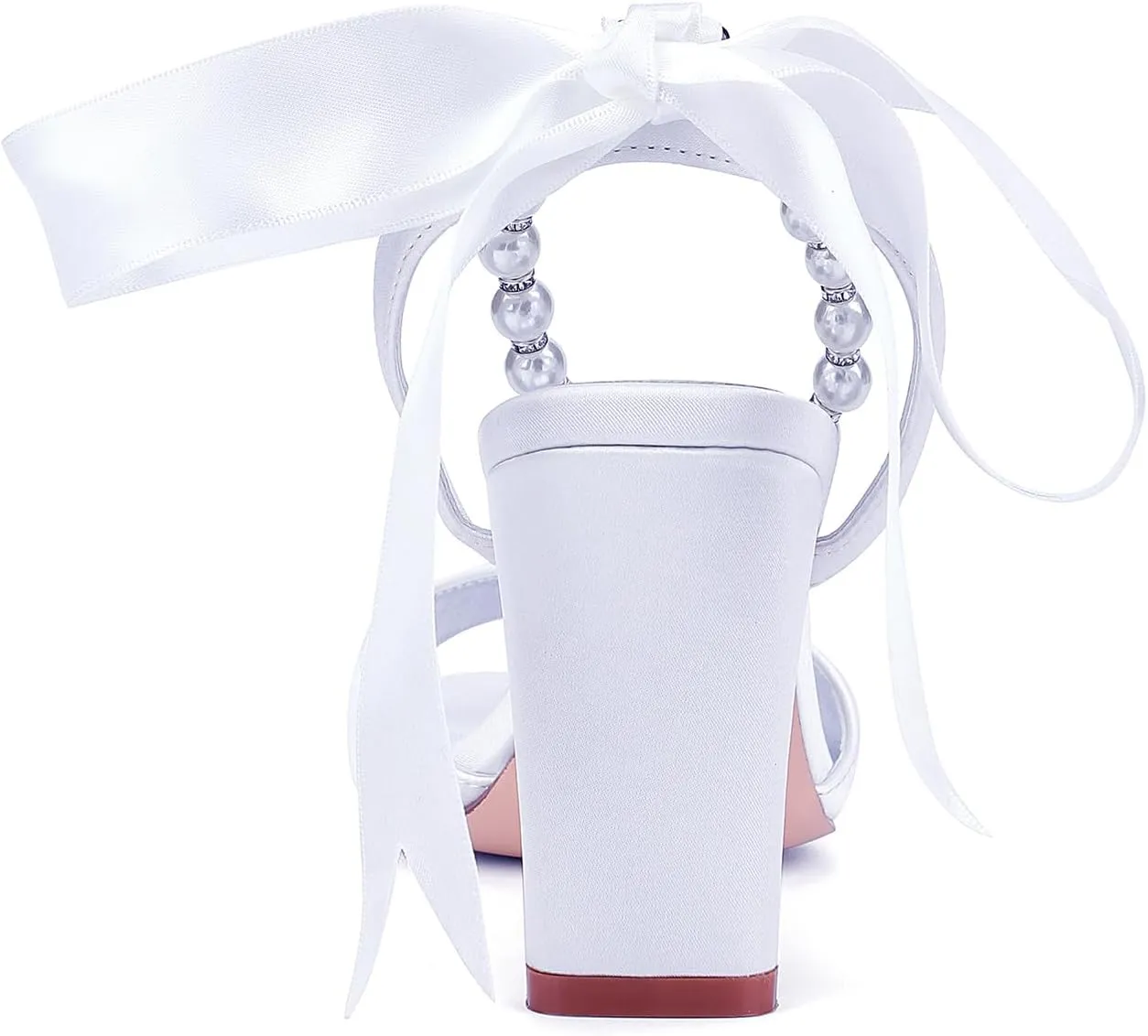 Open Toe Wedding Heels Bridal Pearl Beaded Sandals Ankle Buckle Strap Slip-On 8CM Shoe Bowknot Satin Comfy Party Dress Pumps Bridesmaids