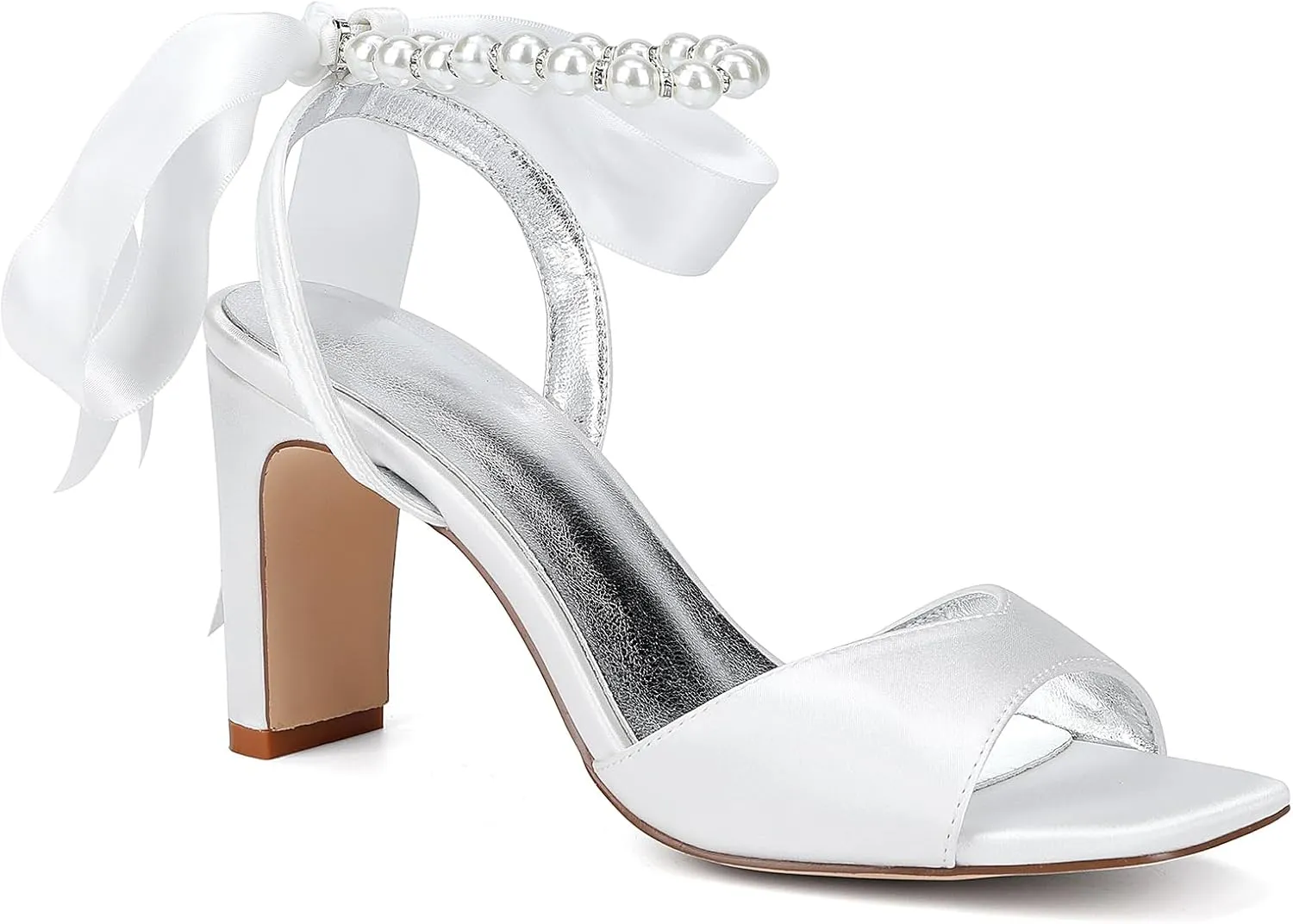 Open Toe Wedding Heels Bridal Pearl Beaded Sandals Ankle Buckle Strap Slip-On 8CM Shoe Bowknot Satin Comfy Party Dress Pumps Bridesmaids