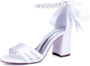 Open Toe Wedding Heels Pearl Ankle Buckle Strap Slip-On Shoes Bridal 8CM Block Bowknot Pumps Evening Party Dress Satin Sandals Comfy