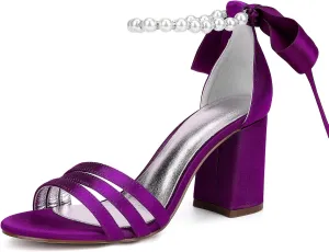 Open Toe Wedding Heels Pearl Ankle Buckle Strap Slip-On Shoes Bridal 8CM Block Bowknot Pumps Evening Party Dress Satin Sandals Comfy