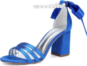 Open Toe Wedding Heels Pearl Ankle Buckle Strap Slip-On Shoes Bridal 8CM Block Bowknot Pumps Evening Party Dress Satin Sandals Comfy