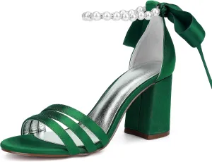 Open Toe Wedding Heels Pearl Ankle Buckle Strap Slip-On Shoes Bridal 8CM Block Bowknot Pumps Evening Party Dress Satin Sandals Comfy