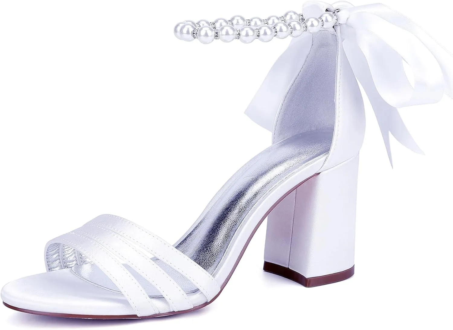 Open Toe Wedding Heels Pearl Ankle Buckle Strap Slip-On Shoes Bridal 8CM Block Bowknot Pumps Evening Party Dress Satin Sandals Comfy
