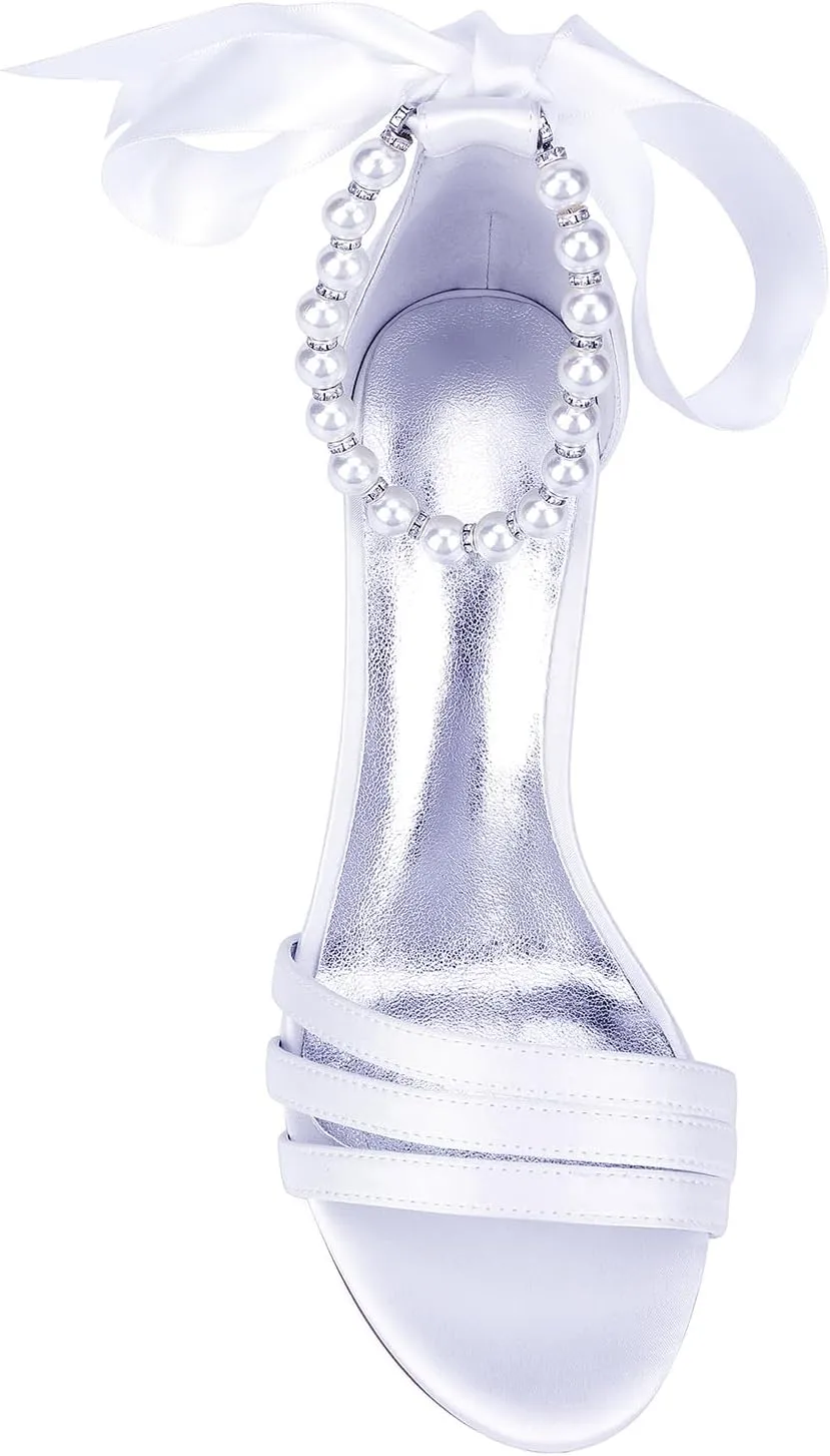 Open Toe Wedding Heels Pearl Ankle Buckle Strap Slip-On Shoes Bridal 8CM Block Bowknot Pumps Evening Party Dress Satin Sandals Comfy