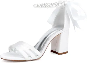 Open Toe Wedding Heels Pearl Ankle Buckle Strap Slip-On Shoes Bridal 8CM Block Bowknot Pumps Evening Party Dress Satin Sandals Comfy