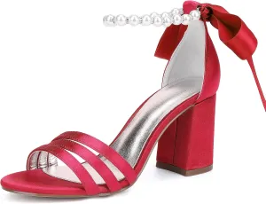 Open Toe Wedding Heels Pearl Ankle Buckle Strap Slip-On Shoes Bridal 8CM Block Bowknot Pumps Evening Party Dress Satin Sandals Comfy