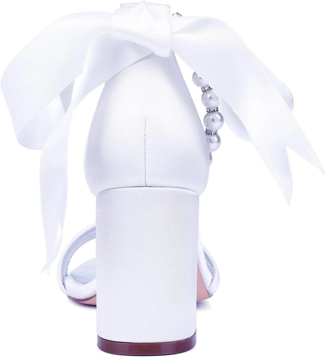 Open Toe Wedding Heels Pearl Ankle Buckle Strap Slip-On Shoes Bridal 8CM Block Bowknot Pumps Evening Party Dress Satin Sandals Comfy