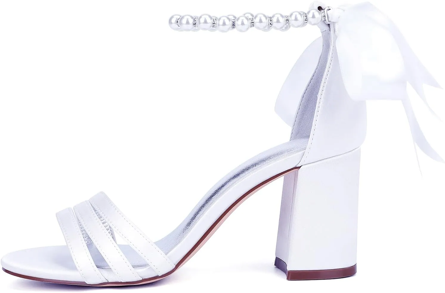 Open Toe Wedding Heels Pearl Ankle Buckle Strap Slip-On Shoes Bridal 8CM Block Bowknot Pumps Evening Party Dress Satin Sandals Comfy