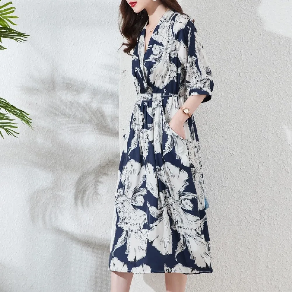 Quenny Women's Spring/Summer Silk V-Neck Mulberry Silk Large Size Fragmented Flower Fashion Casual Long Dress