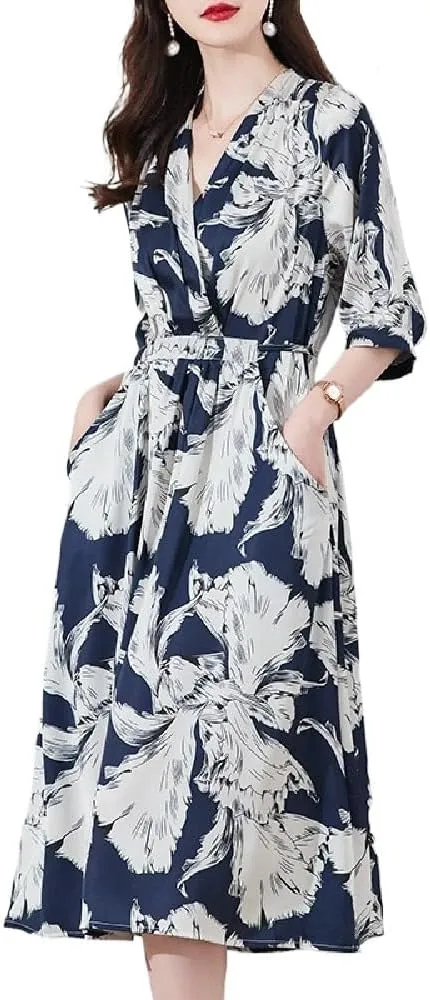 Quenny Women's Spring/Summer Silk V-Neck Mulberry Silk Large Size Fragmented Flower Fashion Casual Long Dress