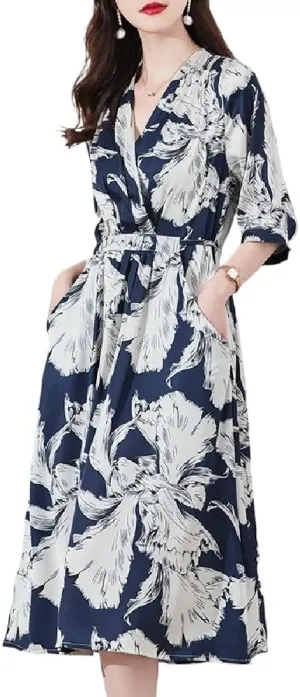Quenny Women's Spring/Summer Silk V-Neck Mulberry Silk Large Size Fragmented Flower Fashion Casual Long Dress