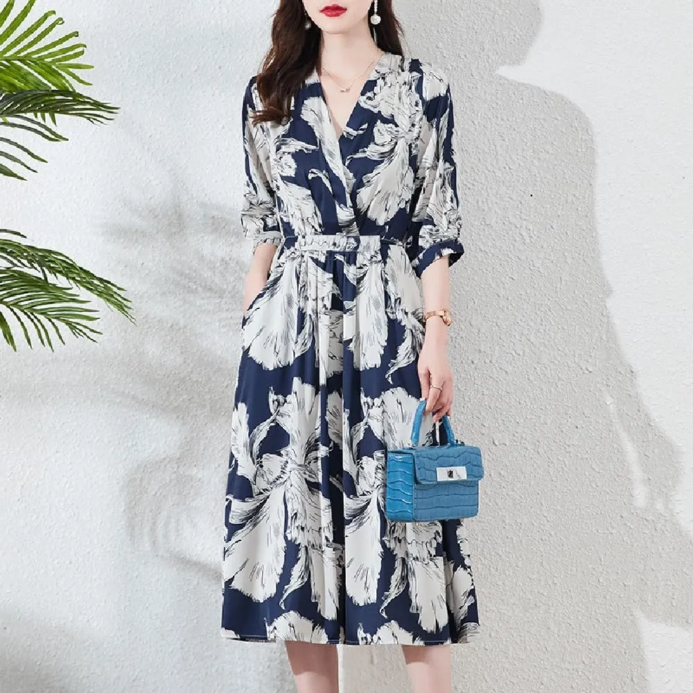 Quenny Women's Spring/Summer Silk V-Neck Mulberry Silk Large Size Fragmented Flower Fashion Casual Long Dress