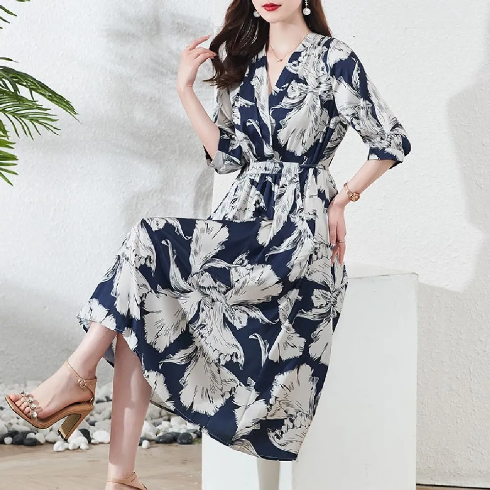 Quenny Women's Spring/Summer Silk V-Neck Mulberry Silk Large Size Fragmented Flower Fashion Casual Long Dress