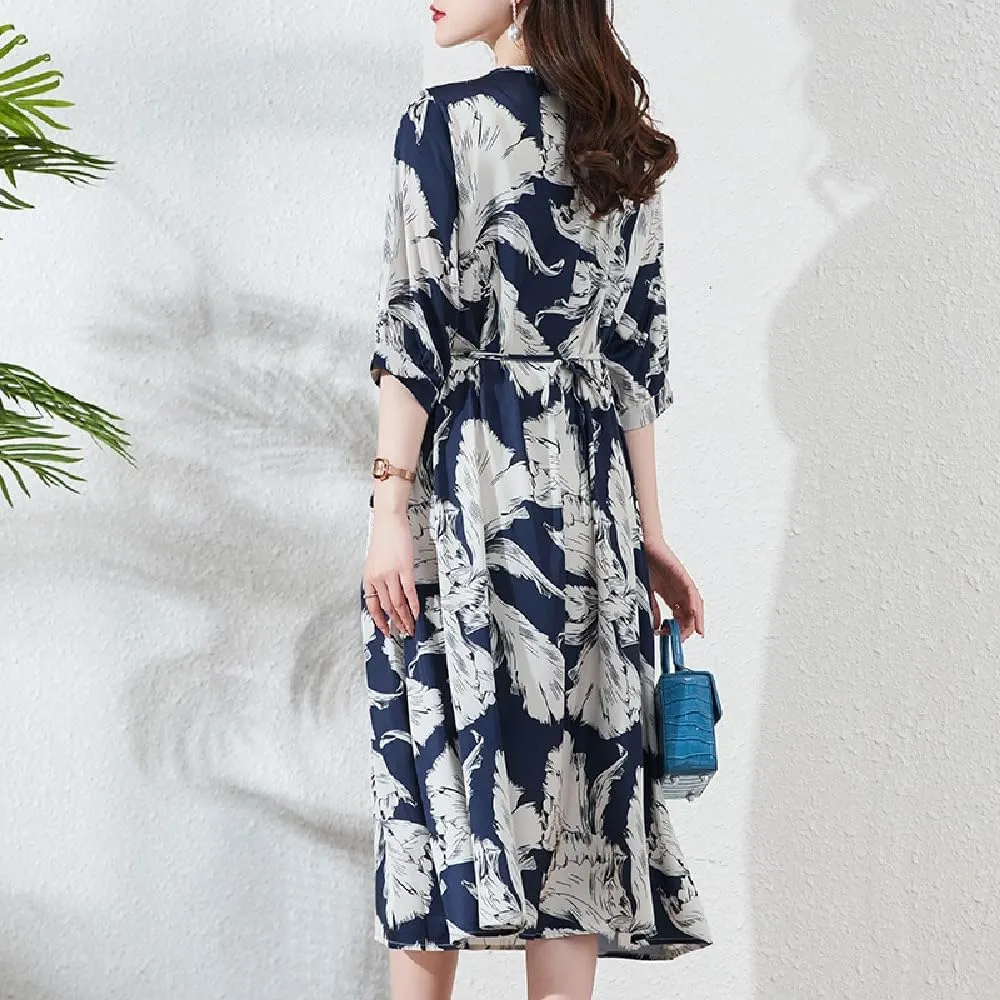 Quenny Women's Spring/Summer Silk V-Neck Mulberry Silk Large Size Fragmented Flower Fashion Casual Long Dress
