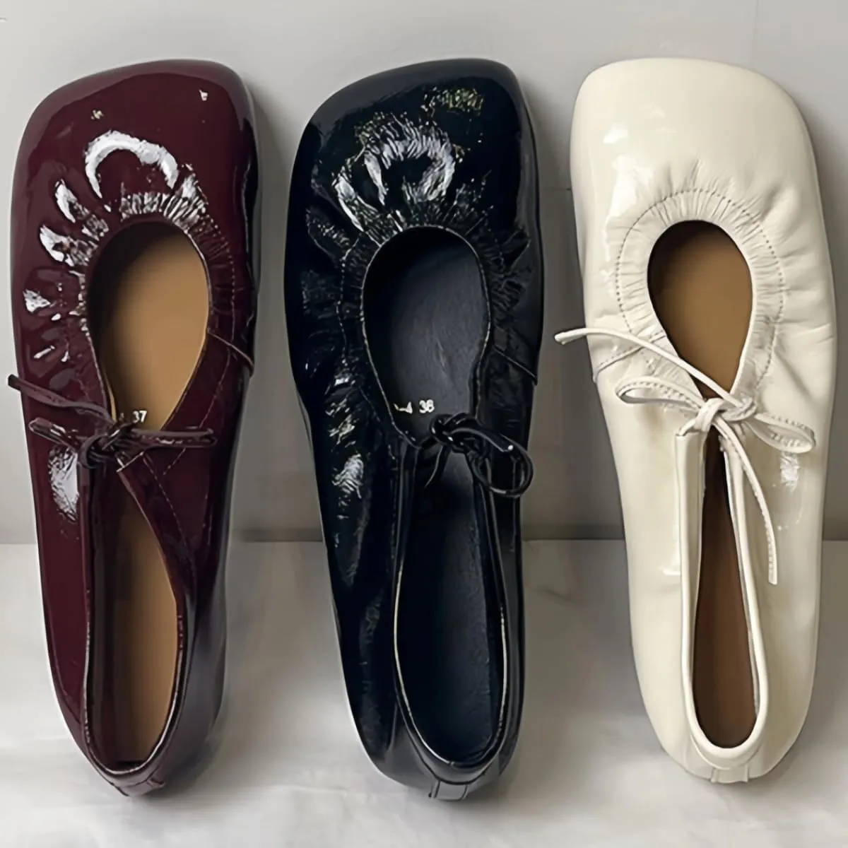 Retro Soft-surfaced Wide Toe Box Square-Toe Ballet Flats for Women Lace-up Patent Leather Casual Shoes New 2025