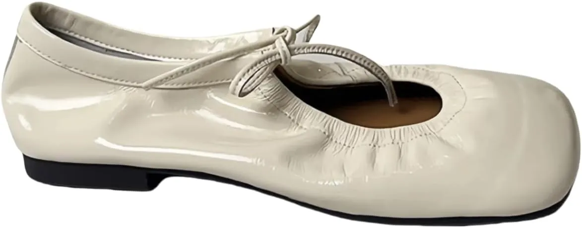 Retro Soft-surfaced Wide Toe Box Square-Toe Ballet Flats for Women Lace-up Patent Leather Casual Shoes New 2025