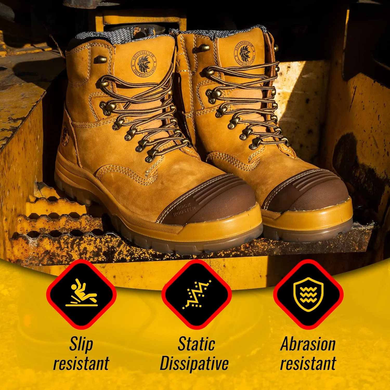ROCKROOSTER Work Boots for Men,7 inch,Steel Toe,Side Zipper, Leather Shoes,Static Control, Breathable,Quick Dry(AK232Z -AK245Z