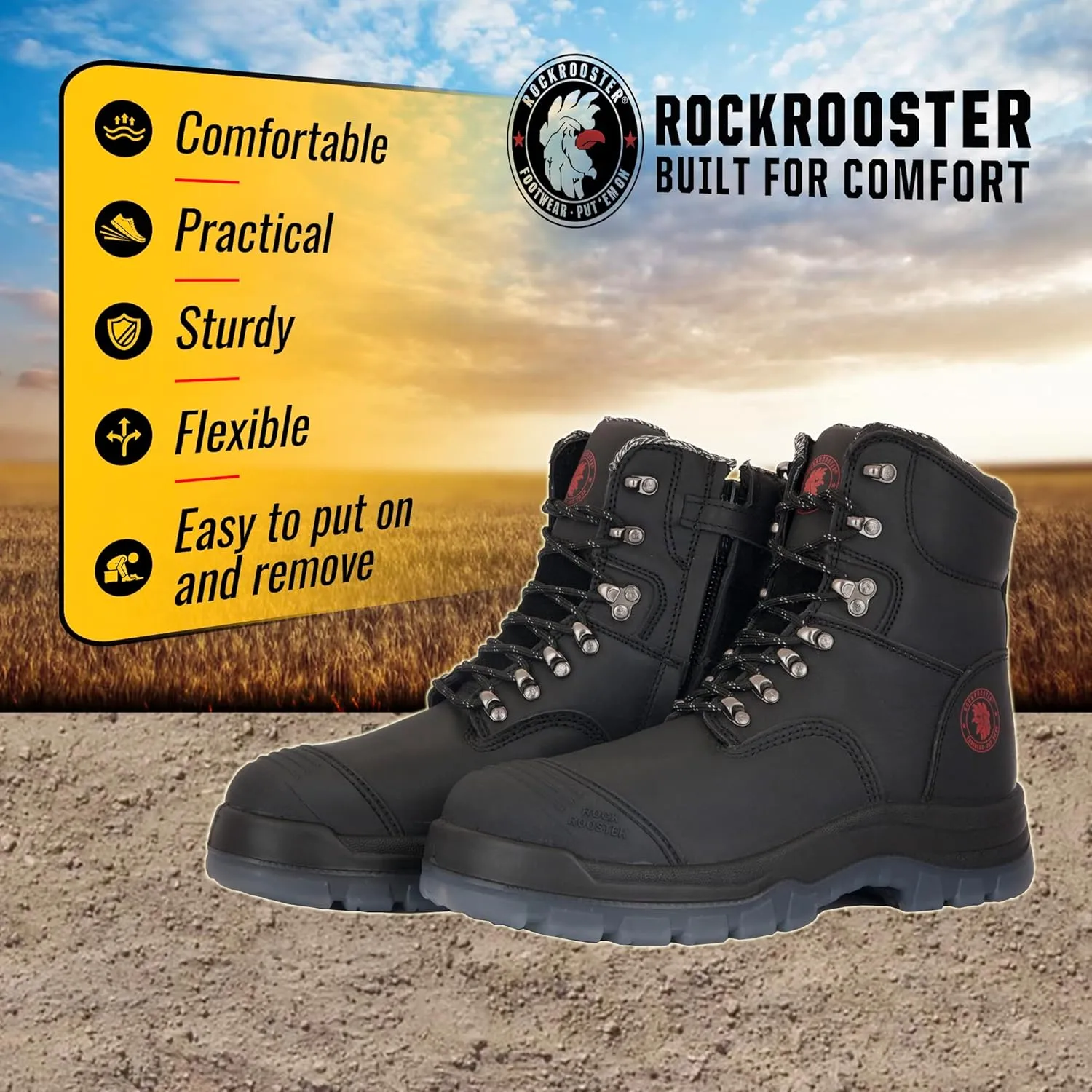ROCKROOSTER Work Boots for Men,7 inch,Steel Toe,Side Zipper, Leather Shoes,Static Control, Breathable,Quick Dry(AK232Z -AK245Z