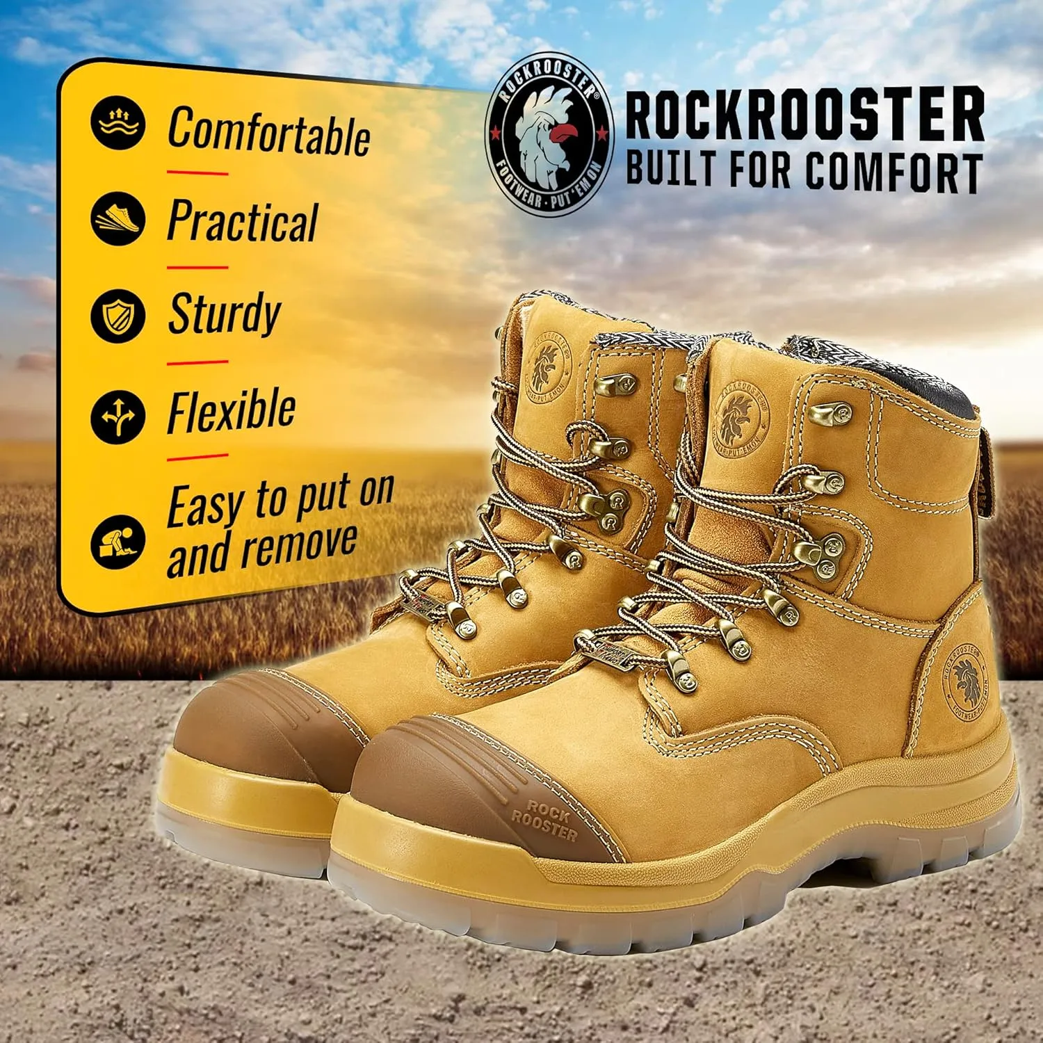 ROCKROOSTER Work Boots for Men,7 inch,Steel Toe,Side Zipper, Leather Shoes,Static Control, Breathable,Quick Dry(AK232Z -AK245Z