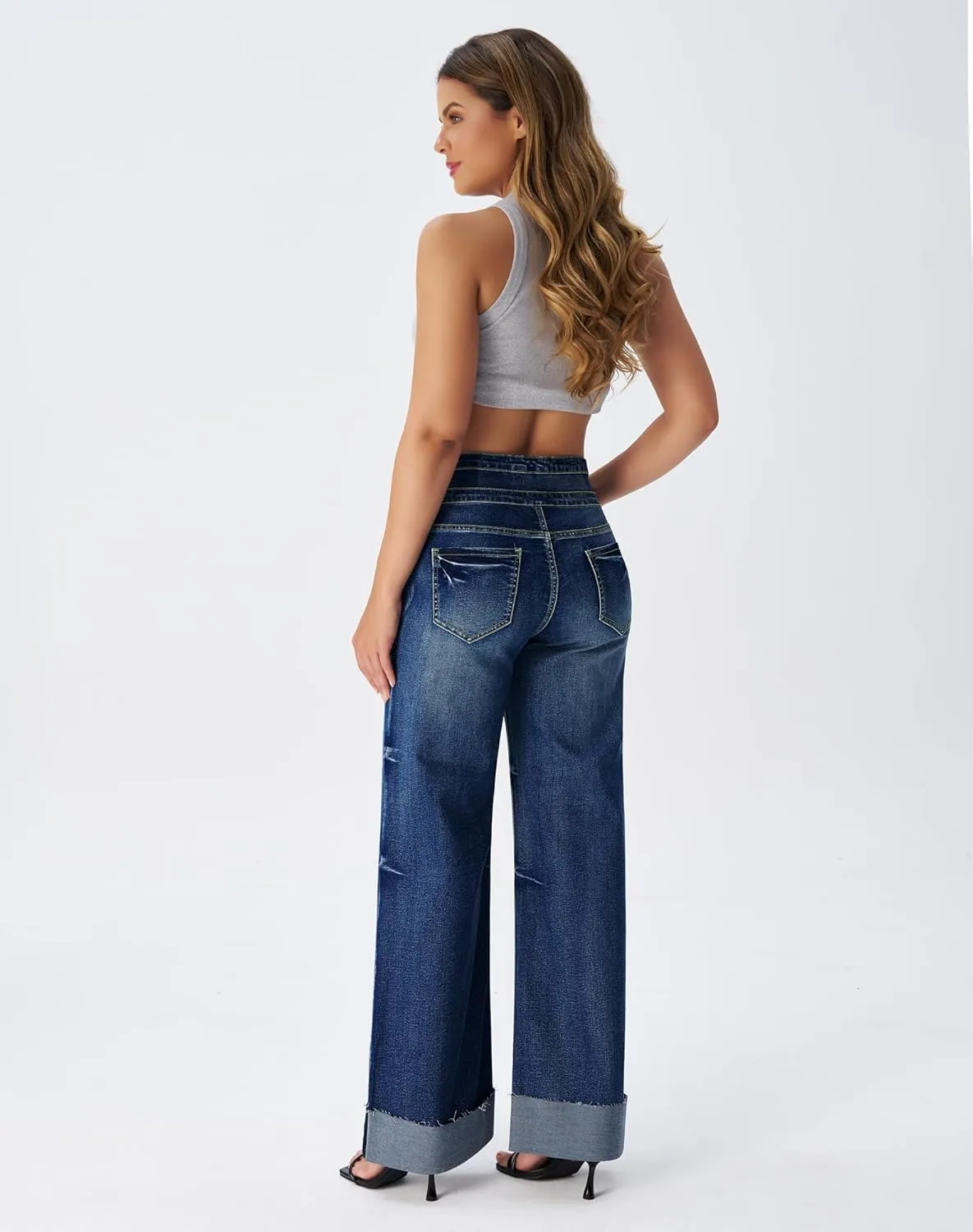 roswear Women's High Waisted Stretchy Wide Leg Jeans Cuffed Baggy Jeans Loose Denim Pants