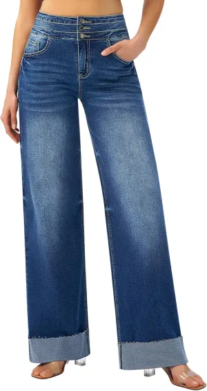 roswear Women's High Waisted Stretchy Wide Leg Jeans Cuffed Baggy Jeans Loose Denim Pants