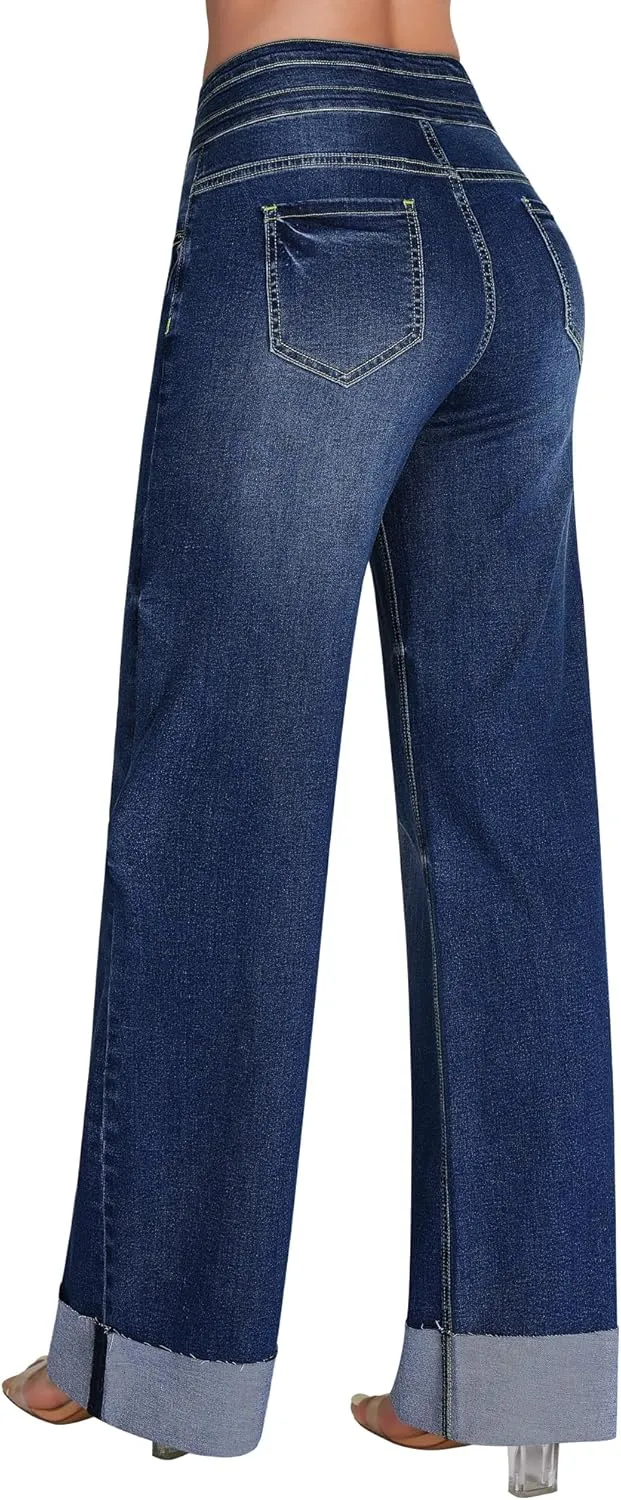 roswear Women's High Waisted Stretchy Wide Leg Jeans Cuffed Baggy Jeans Loose Denim Pants