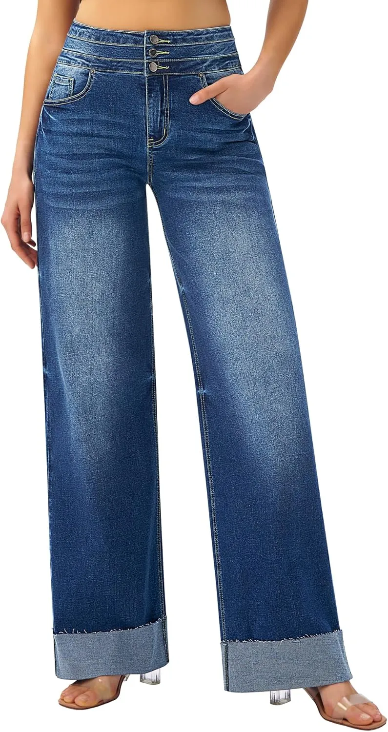 roswear Women's High Waisted Stretchy Wide Leg Jeans Cuffed Baggy Jeans Loose Denim Pants