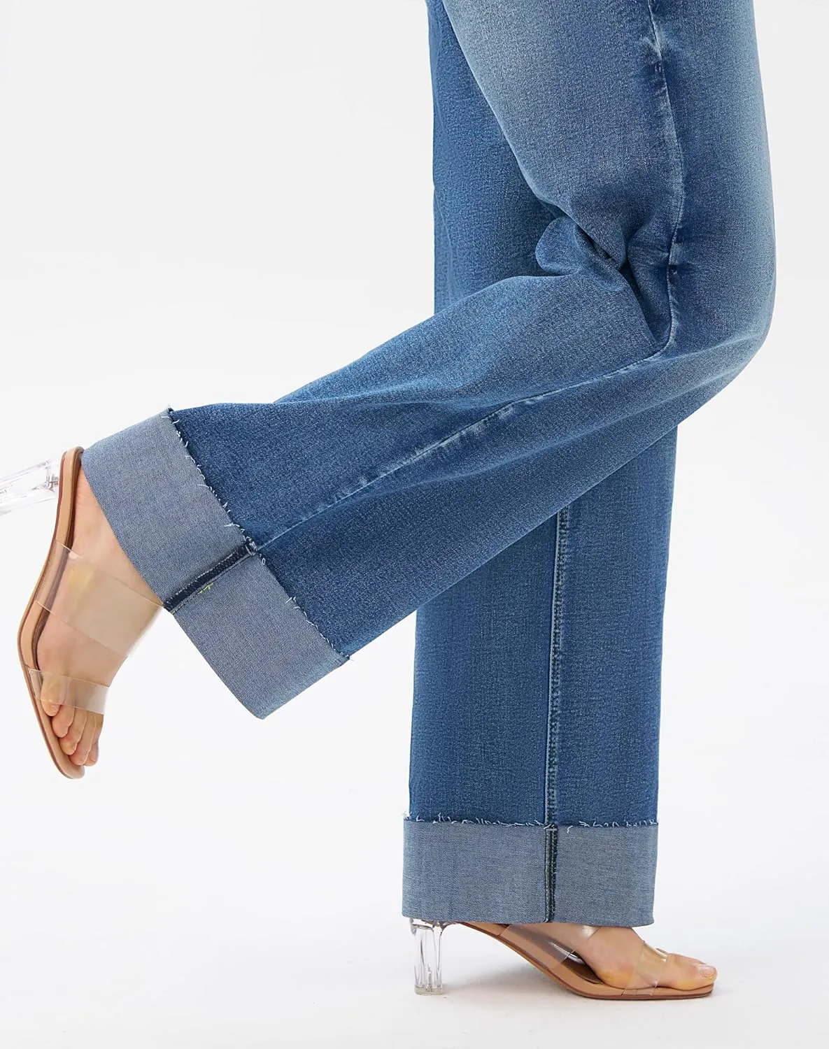 roswear Women's High Waisted Stretchy Wide Leg Jeans Cuffed Baggy Jeans Loose Denim Pants