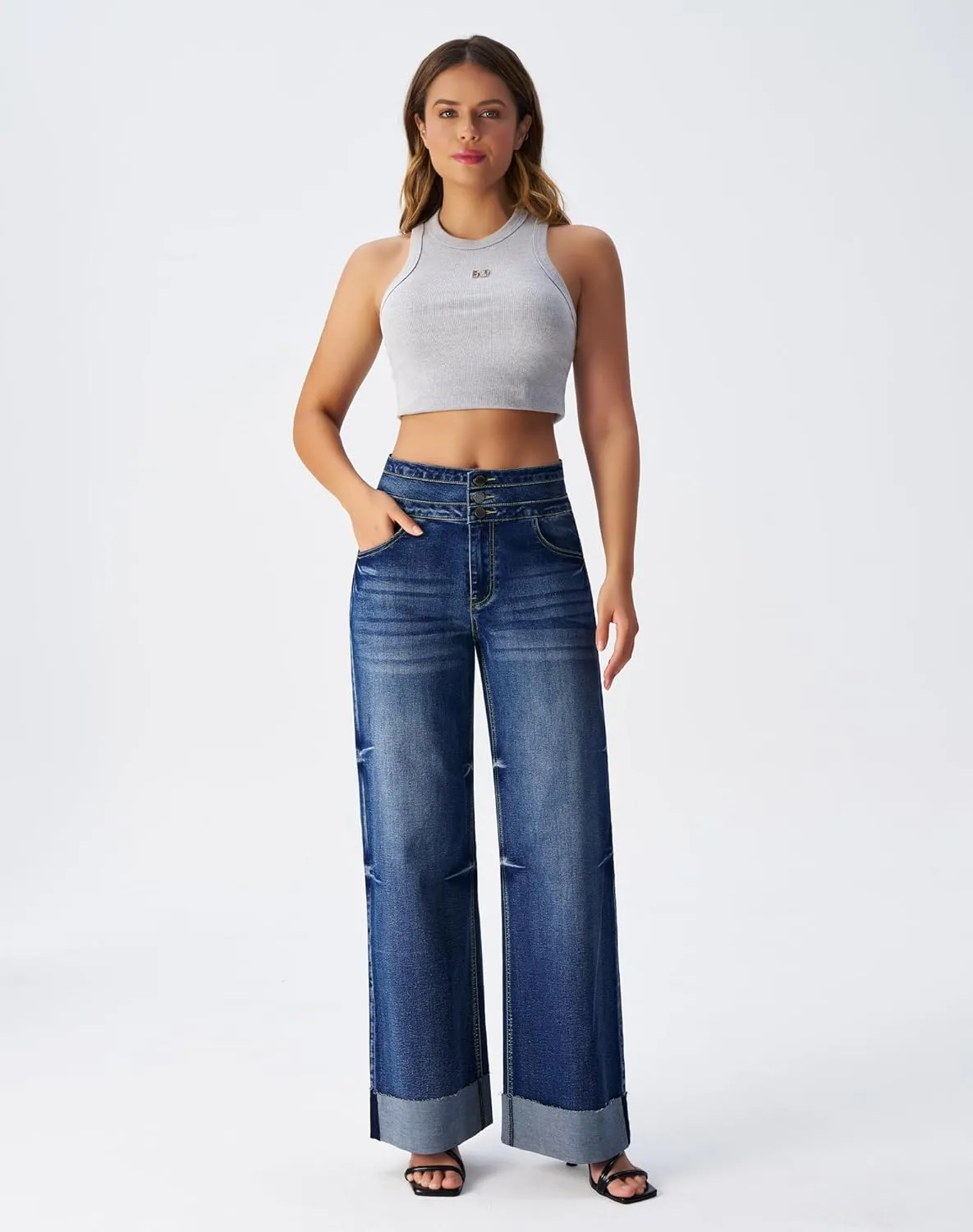roswear Women's High Waisted Stretchy Wide Leg Jeans Cuffed Baggy Jeans Loose Denim Pants