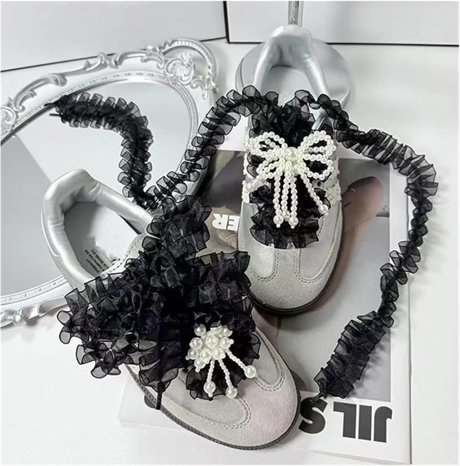 Ruffle Edge Organza Frills Shoelaces Bowknot Sneaker Black Sport Shoes White Shoes Laces DIY Training Shoes Laces